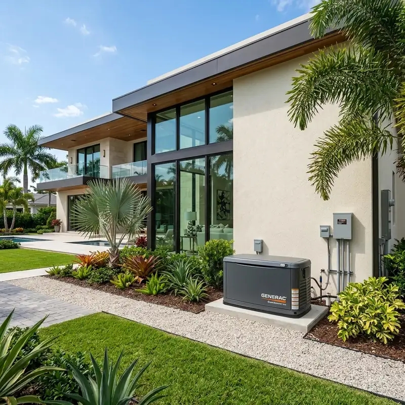 Whole-home standby generator installed on a concrete pad for hurricane preparedness in Southwest Florida