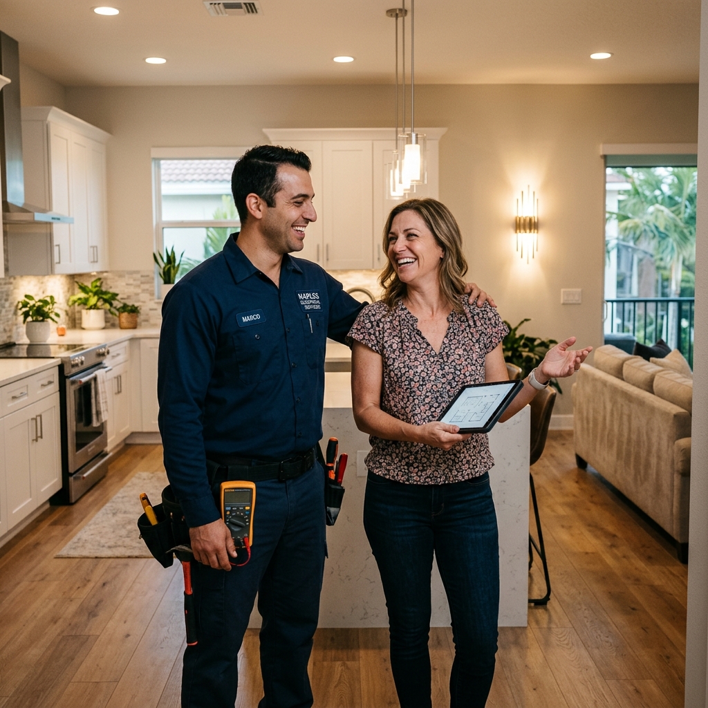 Friendly local electrician smiling with homeowner in Naples FL