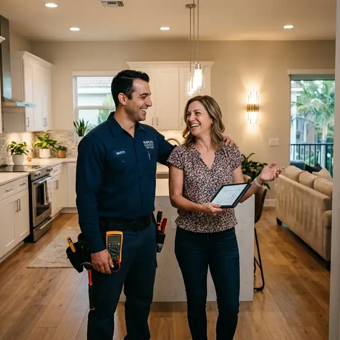 Friendly local electrician smiling with homeowner in Naples FL
